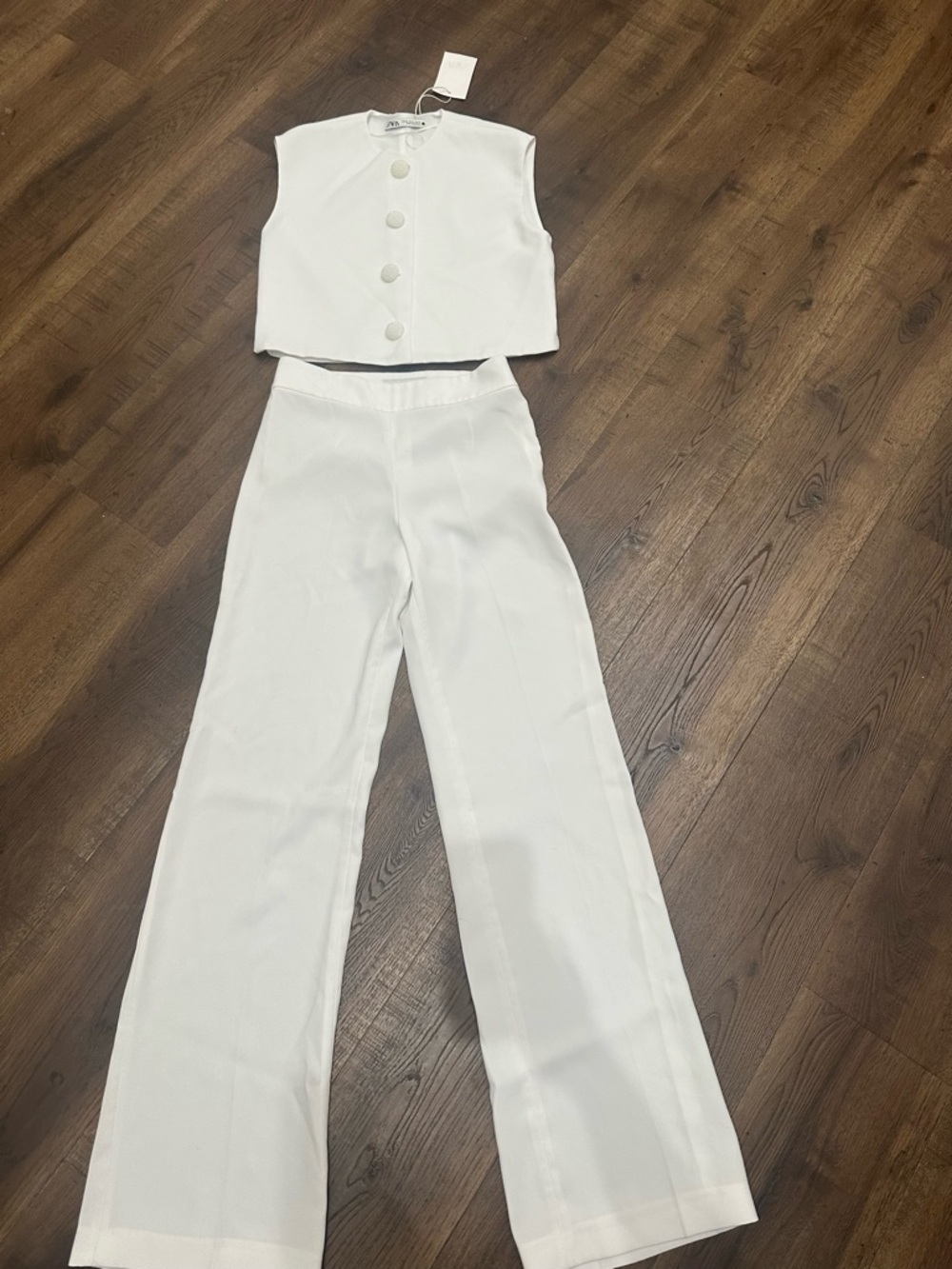 Zara White Wide-Leg Pants & Cropped Button Vest Set